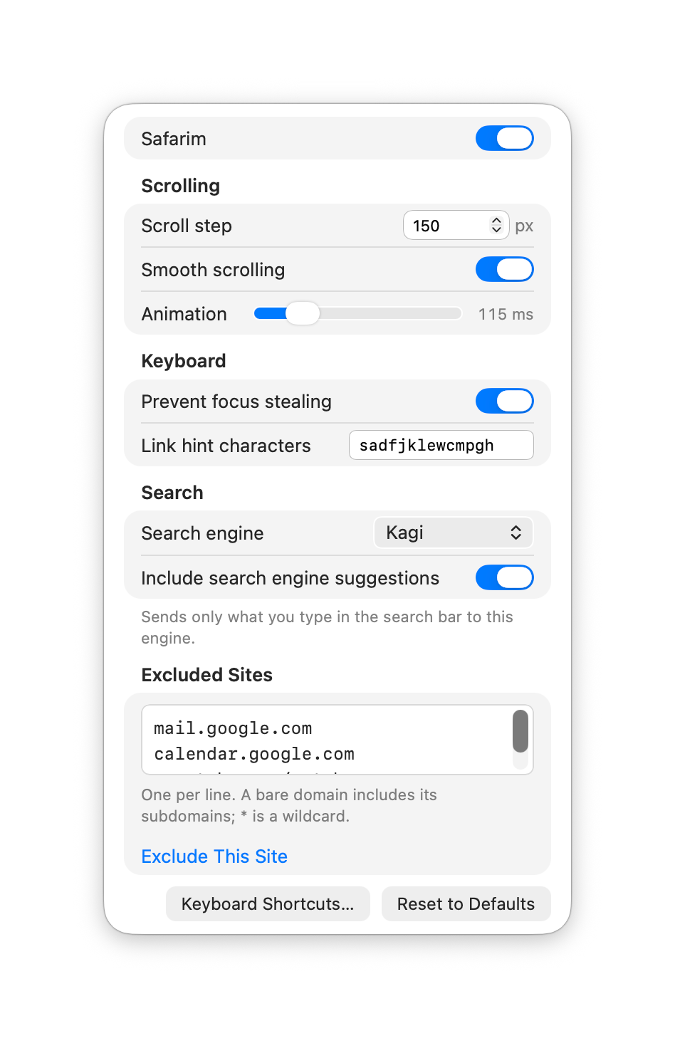 Settings live in the toolbar popover.